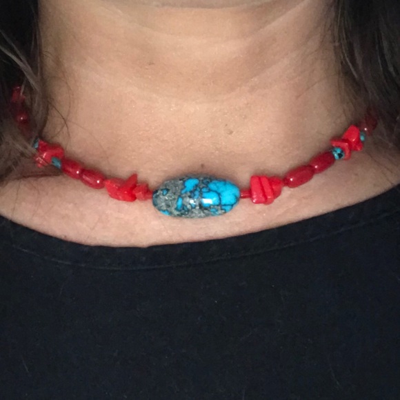 Handmade Turquoise Coral Sterling Necklace - Picture 2 of 8